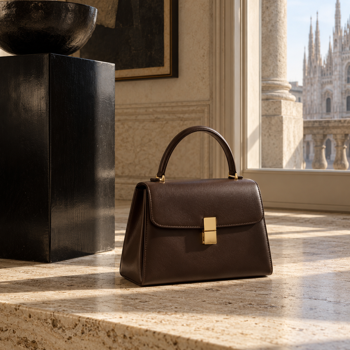 Alder Mini Top Handle Bag in espresso leather on pale stone