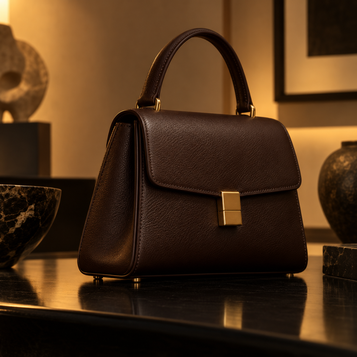 Alder Mini Top Handle Bag side profile in espresso leather