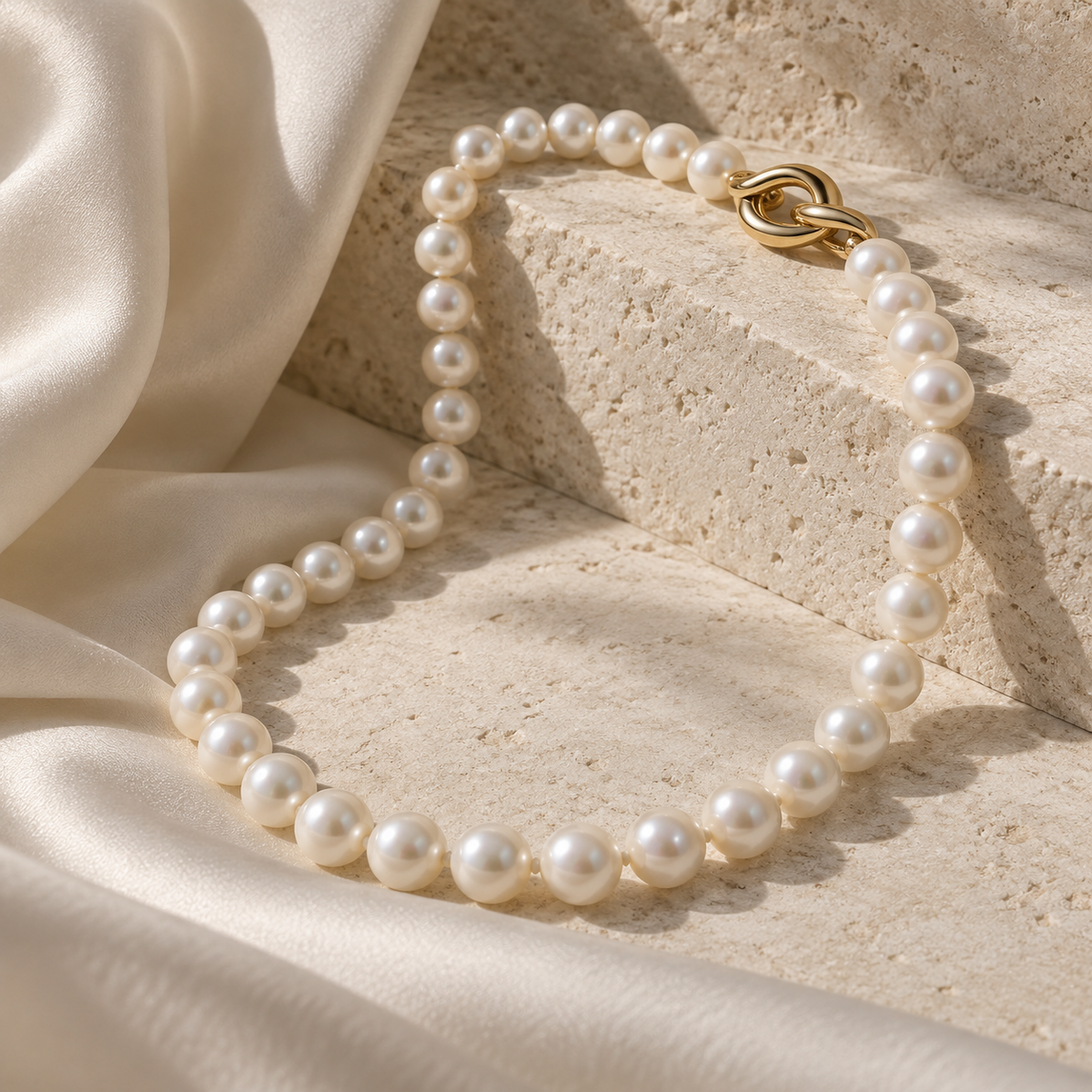 Aurelia Pearl Strand Necklace on limestone and silk