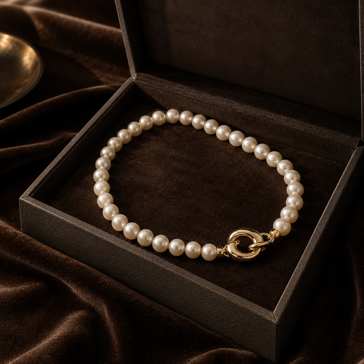 Aurelia Pearl Strand Necklace clasp detail in jewelry box