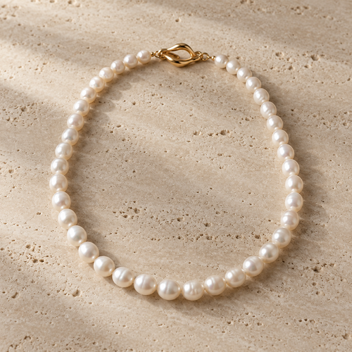 Aurelia Pearl Strand Necklace on warm travertine