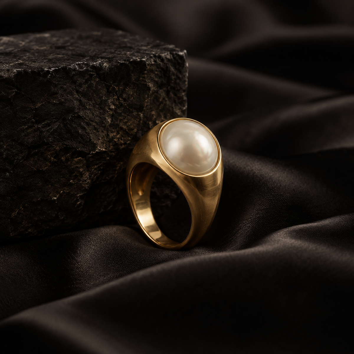 Linden Pearl Signet Ring detail on black silk