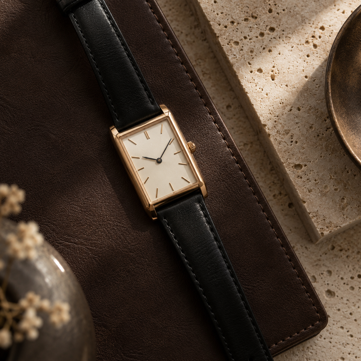 Meridian Rectangular Watch on leather and stone