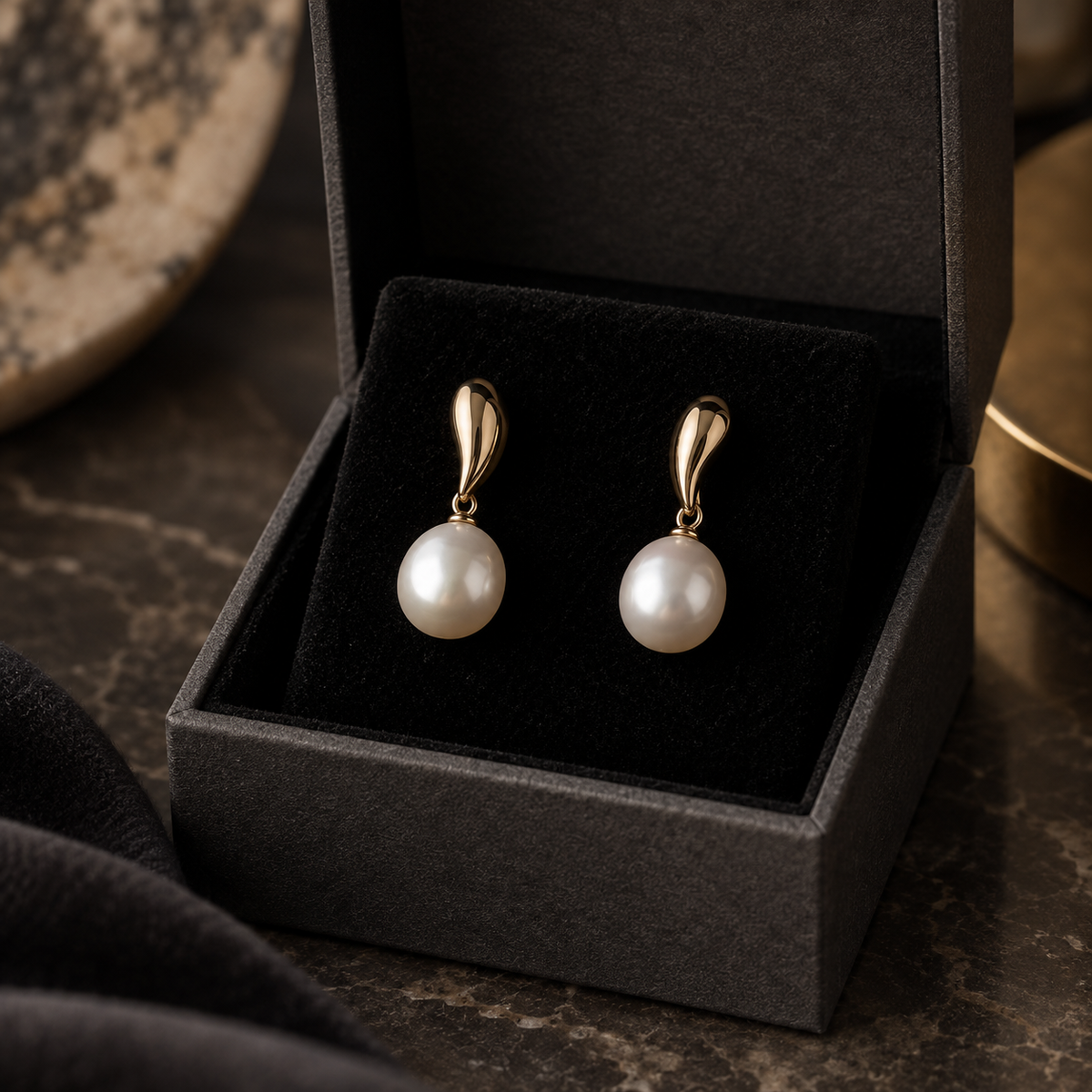 Nocturne Pearl Drop Earrings in jewelry box