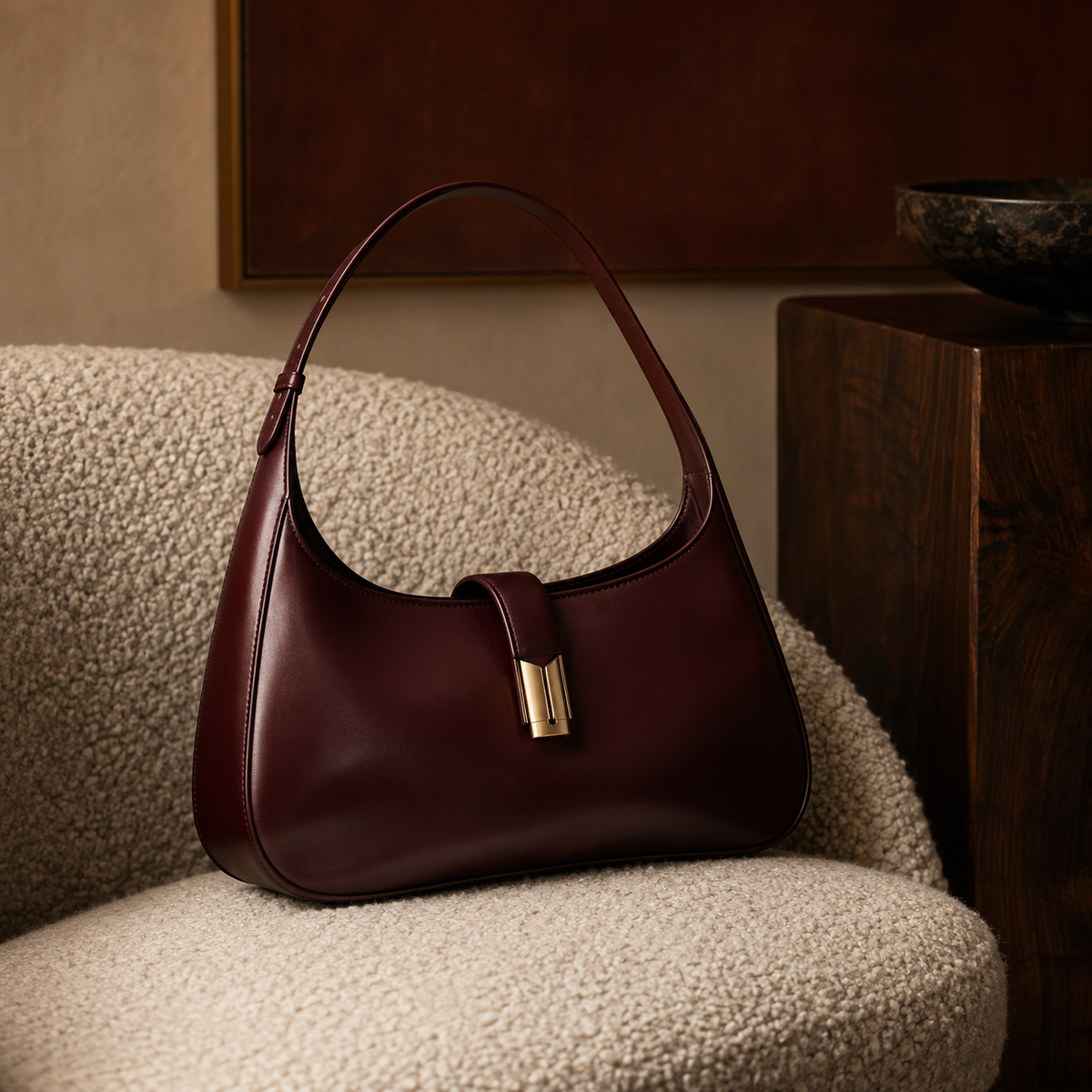 Rivoli Soft Shoulder Bag in oxblood leather on boucle