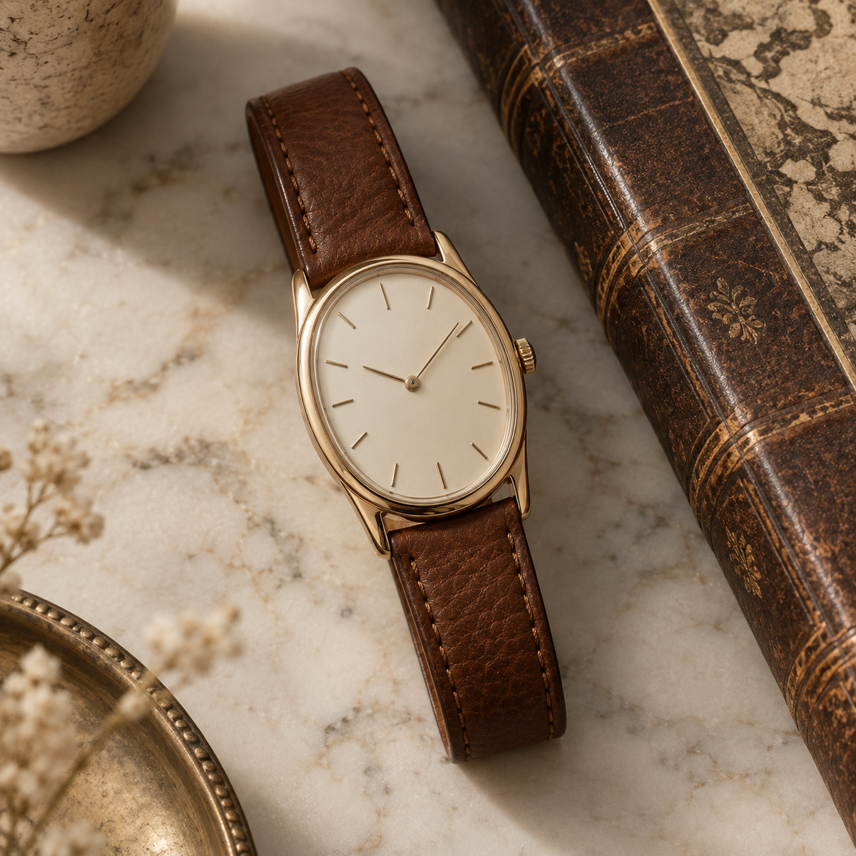 Solenne Oval Watch on marble and leather